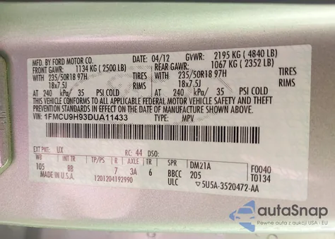 2013 Ford Escape Sel из США, поврежденный, VIN 1FMCU9H93DUA11433